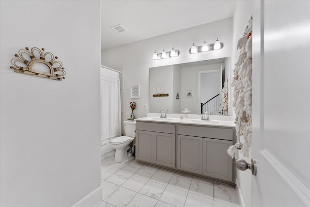 10059 Preserve Way, Conroe, TX 77385 - bathroom with marble finish floors, double vanity, and curtained shower