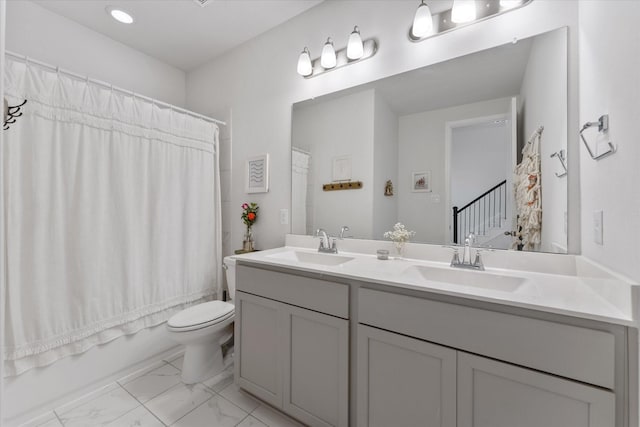 10059 Preserve Way, Conroe, TX 77385 - full bathroom with double vanity, marble look tile flooring, shower / bathtub combination with curtain, and recessed lighting