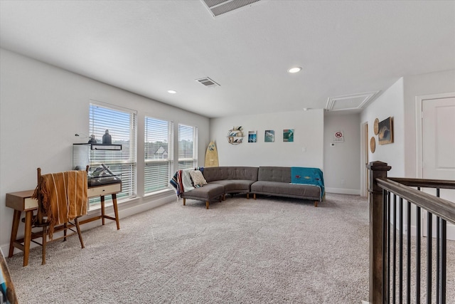 10059 Preserve Way, Conroe, TX 77385 - living area featuring attic access, carpet floors, and recessed lighting
