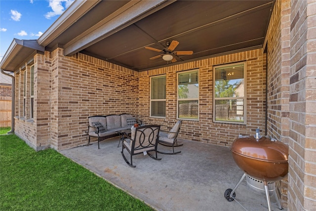 10059 Preserve Way, Conroe, TX 77385 - view of patio / terrace with ceiling fan, an outdoor hangout area, and grilling area