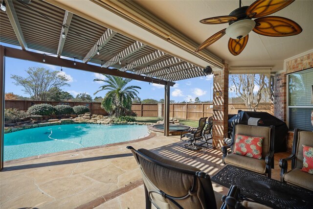 18815 Manleigh Ct, Tomball, TX 77377 - view of pool featuring a fenced backyard, a ceiling fan, a patio area, a grill, and a pool with connected hot tub