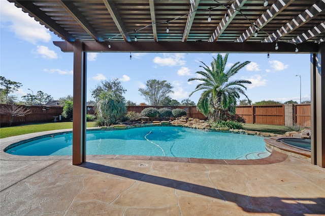 18815 Manleigh Ct, Tomball, TX 77377 - view of pool with a fenced backyard, a patio, a pergola, and a pool with connected hot tub