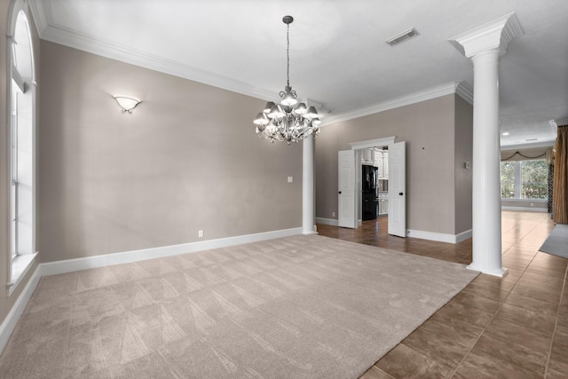 11510 Walden Rd, Montgomery, TX 77356 - unfurnished dining area featuring ornamental molding, decorative columns, a chandelier, and tile patterned flooring