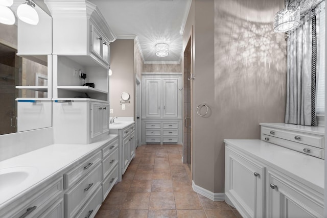 11510 Walden Rd, Montgomery, TX 77356 - full bath featuring double vanity, an enclosed shower, and ornamental molding