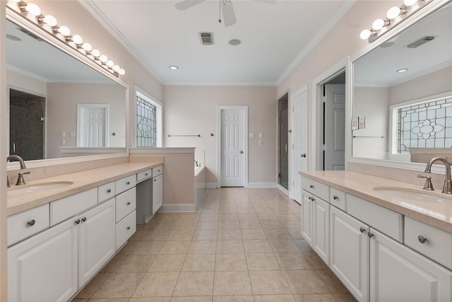 3908 Milton St, West University Place, TX 77005 - full bathroom with two vanities, a shower stall, a ceiling fan, a garden tub, and ornamental molding