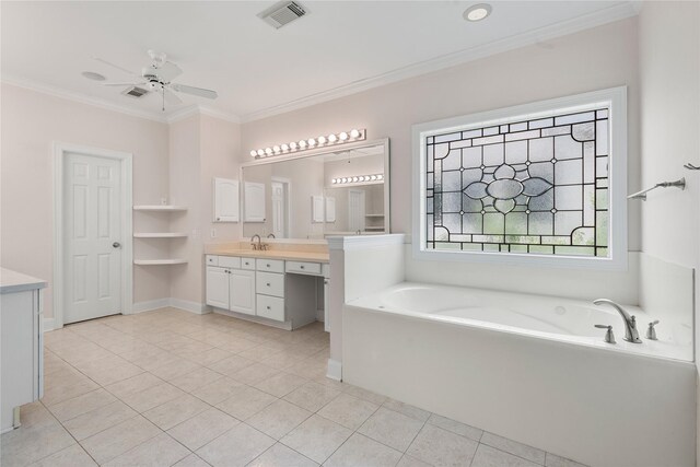 3908 Milton St, West University Place, TX 77005 - bathroom featuring vanity, a garden tub, crown molding, tile patterned flooring, and a ceiling fan