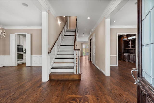 3908 Milton St, West University Place, TX 77005 - entryway featuring stairs, wood finished floors, crown molding, a chandelier, and french doors