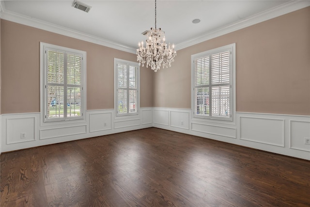 3908 Milton St, West University Place, TX 77005 - empty room with a chandelier, plenty of natural light, crown molding, a wainscoted wall, and dark wood-style flooring