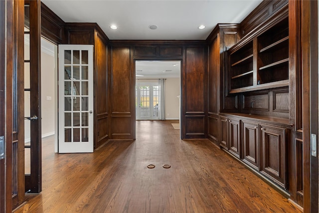 3908 Milton St, West University Place, TX 77005 - corridor with french doors, dark wood-style floors, recessed lighting, and ornamental molding