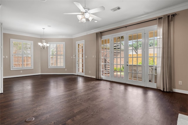 3908 Milton St, West University Place, TX 77005 - unfurnished room featuring a chandelier, ornamental molding, ceiling fan, and dark wood finished floors