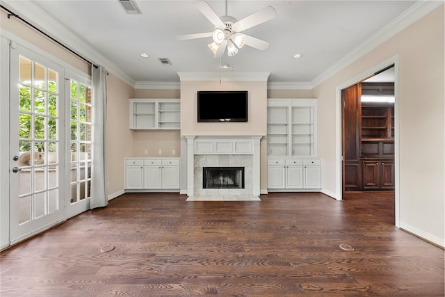 3908 Milton St, West University Place, TX 77005 - unfurnished living room with a tiled fireplace, a ceiling fan, crown molding, recessed lighting, and wood finished floors