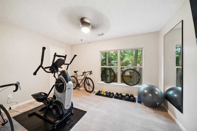 7 Bending Branch Pl, Spring, TX 77381 - exercise area with carpet flooring, ceiling fan, and a textured ceiling