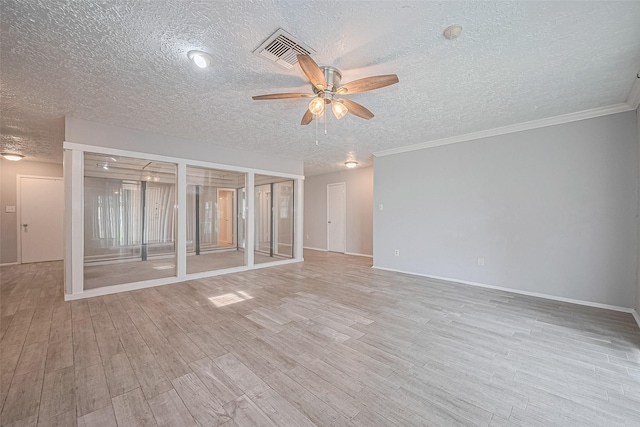 10423 Rancho Bernardo Ln, Sugar Land, TX 77498 - empty room featuring ceiling fan, a textured ceiling, light wood-style floors, and ornamental molding