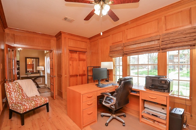 15915 Sweetwater Creek Dr, Houston, TX 77095 - office featuring a ceiling fan, light wood-type flooring, and plenty of natural light