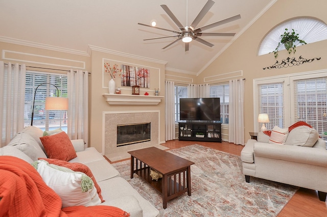 15915 Sweetwater Creek Dr, Houston, TX 77095 - living area featuring ceiling fan, wood finished floors, a high end fireplace, crown molding, and high vaulted ceiling