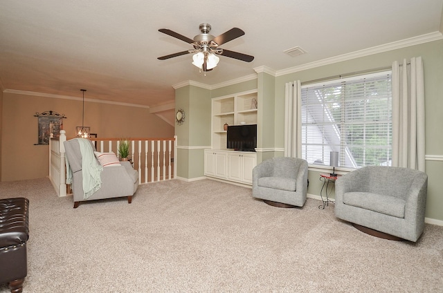 15915 Sweetwater Creek Dr, Houston, TX 77095 - living room with ceiling fan, light colored carpet, and crown molding