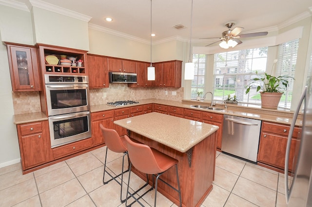 15915 Sweetwater Creek Dr, Houston, TX 77095 - kitchen featuring stainless steel appliances, brown cabinets, tasteful backsplash, crown molding, and recessed lighting