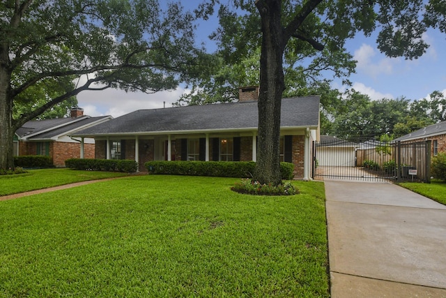 10035 Ella Lee Ln, Houston, TX 77042 - ranch-style house featuring driveway, a gate, a chimney, and a front yard