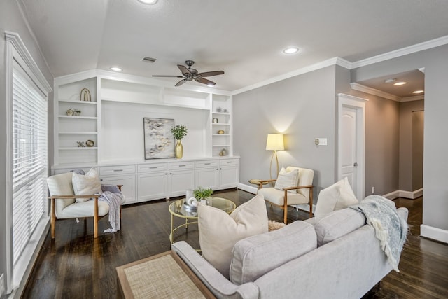 829 E 27th St, Houston, TX 77009 - living area featuring a ceiling fan, recessed lighting, ornamental molding, dark wood-type flooring, and built in shelves