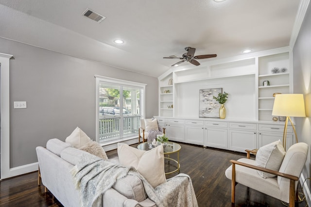 829 E 27th St, Houston, TX 77009 - living area with a ceiling fan, dark wood-style flooring, built in features, recessed lighting, and lofted ceiling