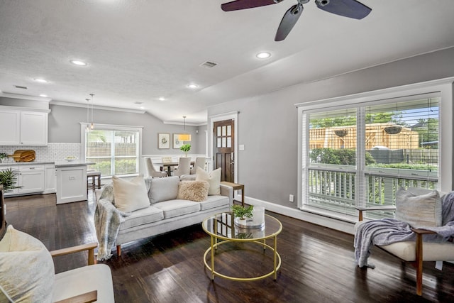 829 E 27th St, Houston, TX 77009 - living area with ceiling fan, dark wood-style floors, recessed lighting, and lofted ceiling