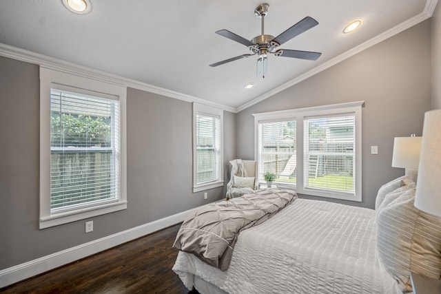 829 E 27th St, Houston, TX 77009 - bedroom featuring lofted ceiling, dark wood-type flooring, recessed lighting, ornamental molding, and a ceiling fan