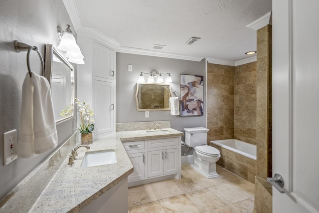 829 E 27th St, Houston, TX 77009 - full bath with ornamental molding, vanity, tiled shower / bath combo, tile patterned flooring, and a textured ceiling