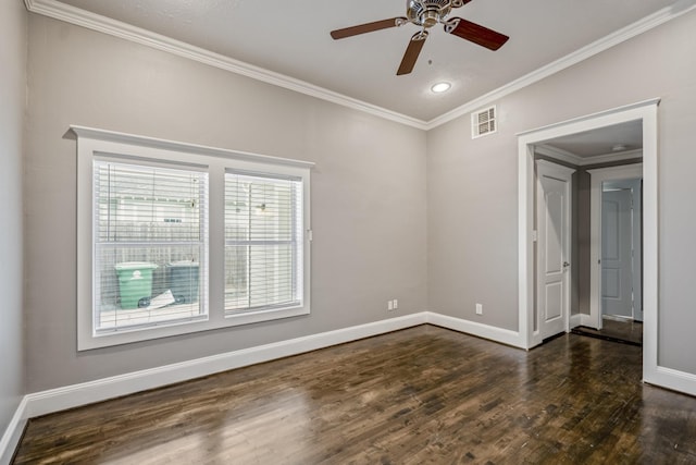 829 E 27th St, Houston, TX 77009 - unfurnished room featuring crown molding, dark wood-style flooring, ceiling fan, and recessed lighting