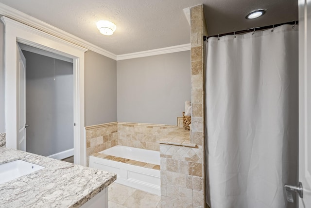 829 E 27th St, Houston, TX 77009 - full bathroom with vanity, a bath, ornamental molding, a textured ceiling, and a shower with shower curtain