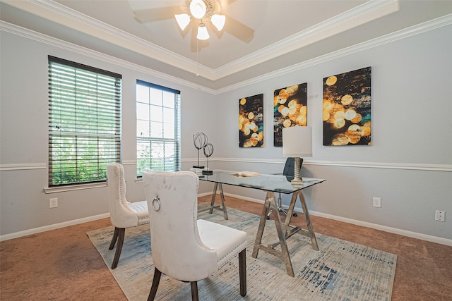 6022 Allendale Ridge Trl, Richmond, TX 77407 - office space with crown molding, a ceiling fan, plenty of natural light, carpet, and a tray ceiling