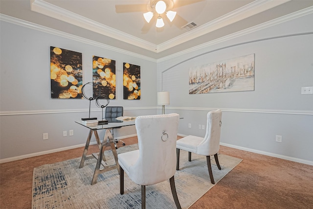 6022 Allendale Ridge Trl, Richmond, TX 77407 - carpeted office space with ceiling fan, a tray ceiling, and ornamental molding