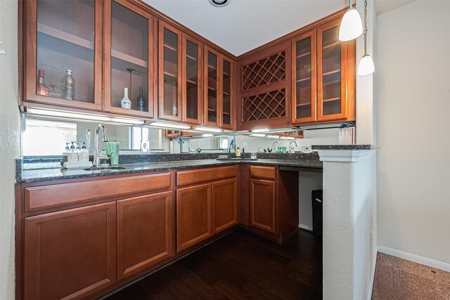 6022 Allendale Ridge Trl, Richmond, TX 77407 - indoor wet bar featuring decorative light fixtures and dark wood-type flooring