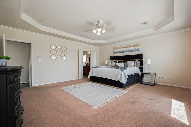 6022 Allendale Ridge Trl, Richmond, TX 77407 - bedroom with a raised ceiling, carpet floors, ornamental molding, and a ceiling fan