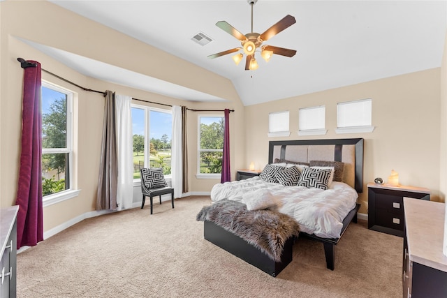 3614 Bonnie Bend Ln, Katy, TX 77494 - bedroom featuring light colored carpet, lofted ceiling, and ceiling fan