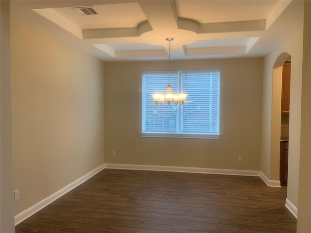 3614 Bonnie Bend Ln, Katy, TX 77494 - unfurnished dining area featuring arched walkways, dark wood finished floors, a chandelier, and a raised ceiling