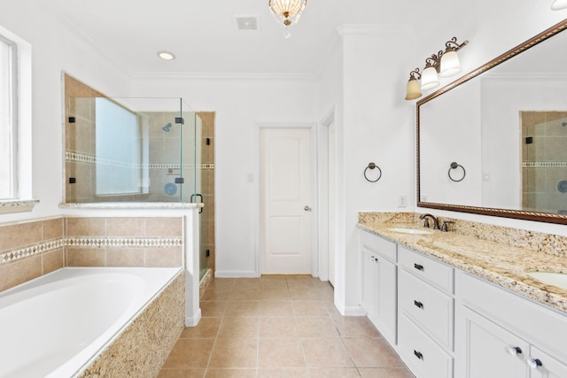 1109 Jacobs Lake Blvd, Conroe, TX 77384 - bathroom featuring a stall shower, double vanity, a bath, ornamental molding, and tile patterned flooring