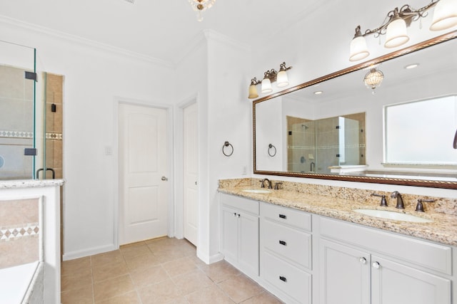 1109 Jacobs Lake Blvd, Conroe, TX 77384 - full bathroom with a stall shower, double vanity, ornamental molding, tile patterned floors, and a bathtub