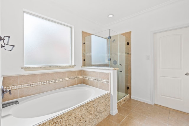 1109 Jacobs Lake Blvd, Conroe, TX 77384 - bathroom with a garden tub, a stall shower, tile patterned flooring, and crown molding