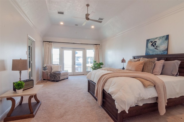 5346 Mcculloch Cir, Houston, TX 77056 - carpeted bedroom with access to exterior, french doors, vaulted ceiling, a ceiling fan, and crown molding