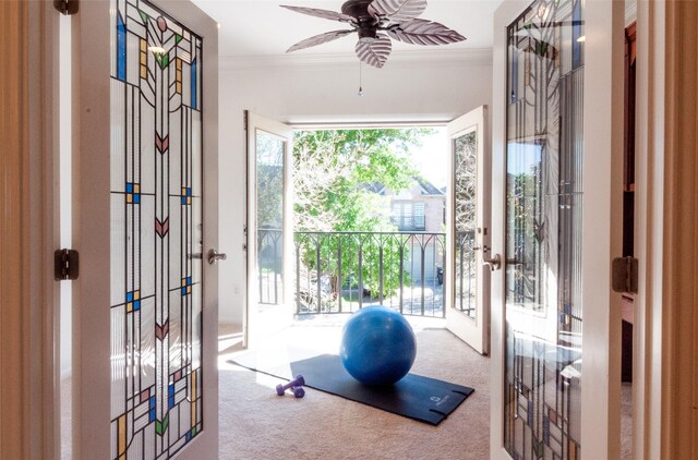 5346 Mcculloch Cir, Houston, TX 77056 - exercise room featuring ornamental molding, french doors, carpet, and ceiling fan