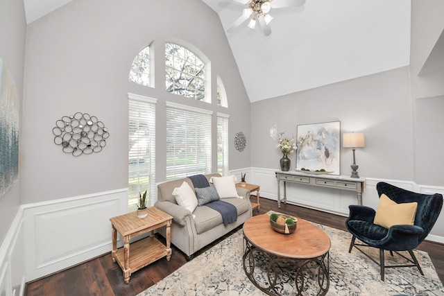 8618 Aldeburgh Ct, Spring, TX 77379 - living area with high vaulted ceiling, dark wood-style flooring, healthy amount of natural light, a wainscoted wall, and ceiling fan