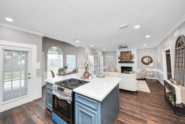 8618 Aldeburgh Ct, Spring, TX 77379 - kitchen featuring stainless steel range with gas cooktop, a fireplace, a ceiling fan, crown molding, and dark wood finished floors
