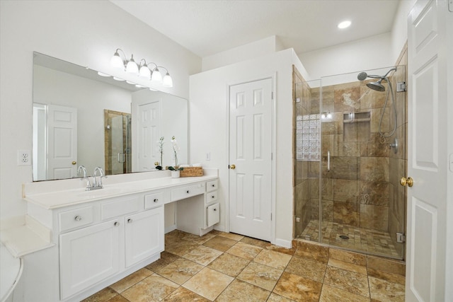 18518 Autumn Park Dr, Houston, TX 77084 - full bath featuring a shower stall, vanity, and recessed lighting