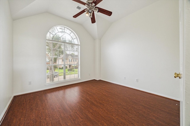 18518 Autumn Park Dr, Houston, TX 77084 - empty room with a ceiling fan, vaulted ceiling, and dark wood finished floors
