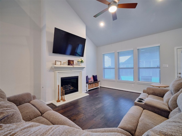 400 Beken Cove Ln, La Porte, TX 77571 - living room featuring ceiling fan, lofted ceiling, dark wood-type flooring, a glass covered fireplace, and recessed lighting