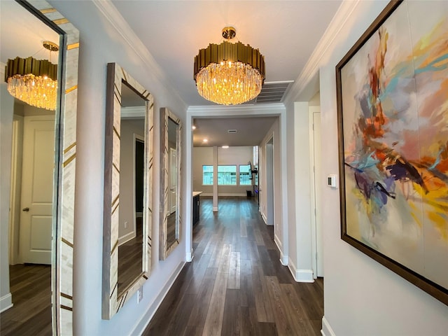 10011 Serenity Grove Dr, Missouri City, TX 77459 - hallway with a chandelier, dark wood-style flooring, and crown molding