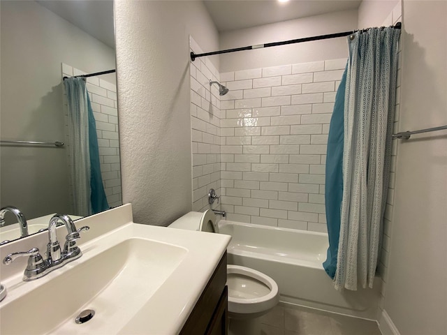 10011 Serenity Grove Dr, Missouri City, TX 77459 - bathroom with vanity, shower / bathtub combination with curtain, and tile patterned floors