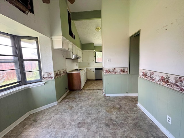 288 Twin Lakes Blvd W, West Columbia, TX 77486 - kitchen with appliances with stainless steel finishes, wainscoting, under cabinet range hood, high vaulted ceiling, and white cabinetry