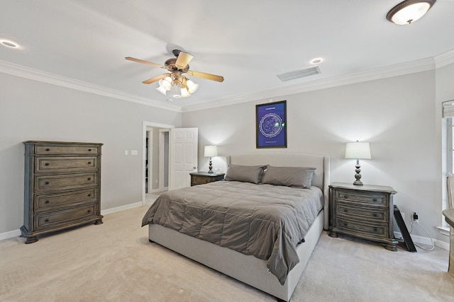 28632 Beth Marie, Magnolia, TX 77355 - bedroom featuring light carpet, ornamental molding, and a ceiling fan