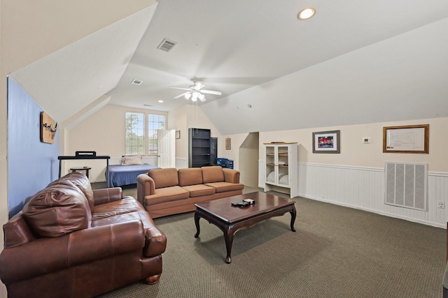 28632 Beth Marie, Magnolia, TX 77355 - living room featuring lofted ceiling, ceiling fan, dark colored carpet, wainscoting, and recessed lighting